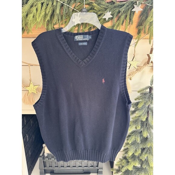 Ralph Lauren Polo Vest Jumper Chunky Knit V Neck Sweater Navy Mens L - Picture 1 of 7